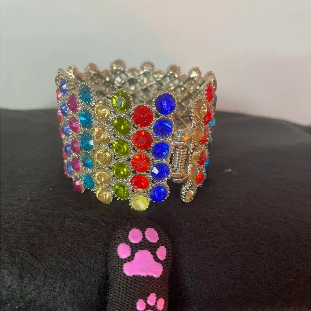 Wide Spring-Hinged Rhinestone Bangle Bracelet Muliti-Color Bling Colorful